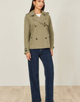 Yumi Green Cropped Trench Jacket With Pockets and Check Lining