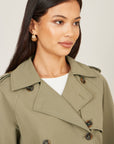 Yumi Green Cropped Trench Jacket With Pockets and Check Lining