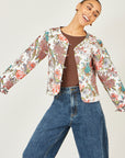 Yumi White Peacock Print Reversible Cotton Quilted Jacket