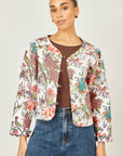 Yumi White Peacock Print Reversible Cotton Quilted Jacket