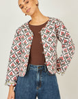 Yumi White Peacock Print Reversible Cotton Quilted Jacket