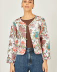 Yumi White Peacock Print Reversible Cotton Quilted Jacket