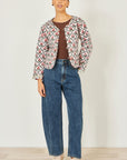 Yumi White Peacock Print Reversible Cotton Quilted Jacket