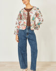 Yumi White Peacock Print Reversible Cotton Quilted Jacket