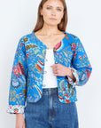 Yumi Blue Boho Print Cotton Reversible Quilted Jacket