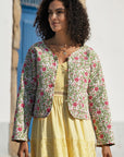 Yumi White Boho Print Cotton Reversible Quilted Jacket