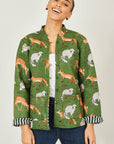 Yumi Green Fox Print Reversible Cotton Quilted Jacket