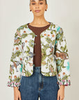 Yumi White Botanical Print Reversible Cotton Quilted Jacket