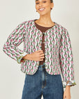 Yumi White Botanical Print Reversible Cotton Quilted Jacket