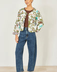Yumi White Botanical Print Reversible Cotton Quilted Jacket