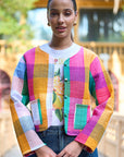 Yumi Multicolour Checked Cropped Reversible Cotton Quilted Jacket