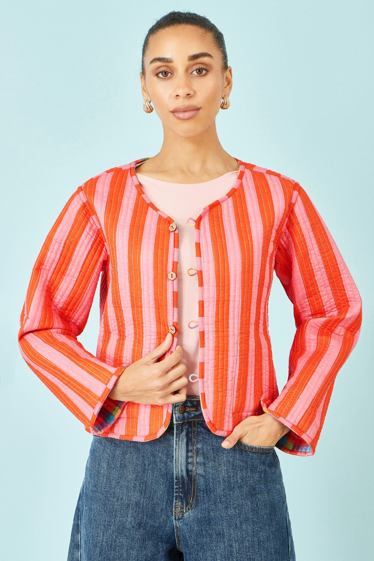 Yumi Multicolour Checked Reversible Cotton Quilted Jacket