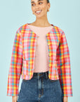 Yumi Multicolour Checked Reversible Cotton Quilted Jacket