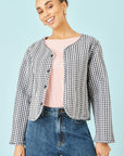 Yumi White Gingham Reversible Cotton Quilted Cropped Jacket