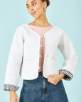 Yumi White Gingham Reversible Cotton Quilted Cropped Jacket