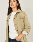Yumi Green Utility Jacket With Drawstring Waist and Stripe Lining