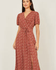 Yumi Brown Spot Wrap Midi Dress