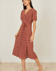 Yumi Brown Spot Wrap Midi Dress