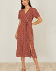 Yumi Brown Spot Wrap Midi Dress
