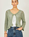 Yumi Green Tie Front Pointelle Cardigan