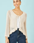 Yumi Beige Tie Front Pointelle Cardigan