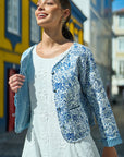 Yumi Blue Boho Floral Print Cropped Reversible Cotton Quilted Jacket