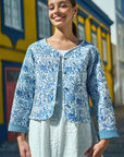 Yumi Blue Boho Floral Print Cropped Reversible Cotton Quilted Jacket