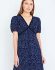 Yumi Navy Spot Print Lace Trim Skater Dress