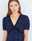 Yumi Navy Spot Print Lace Trim Skater Dress