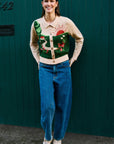 Yumi Beige Fox Scene Viscose Knitted Box Jacket