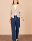 Yumi Beige Knitted Button Cardigan