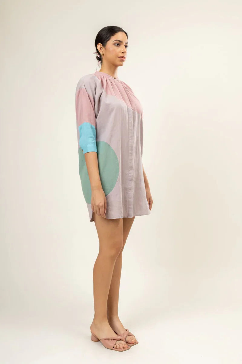 Luxury multicolor upcycled cotton button-down shirt dress with panels, loose comfortable fit, side pocket, stylish tunic length by Bethikal at brixbailey.com