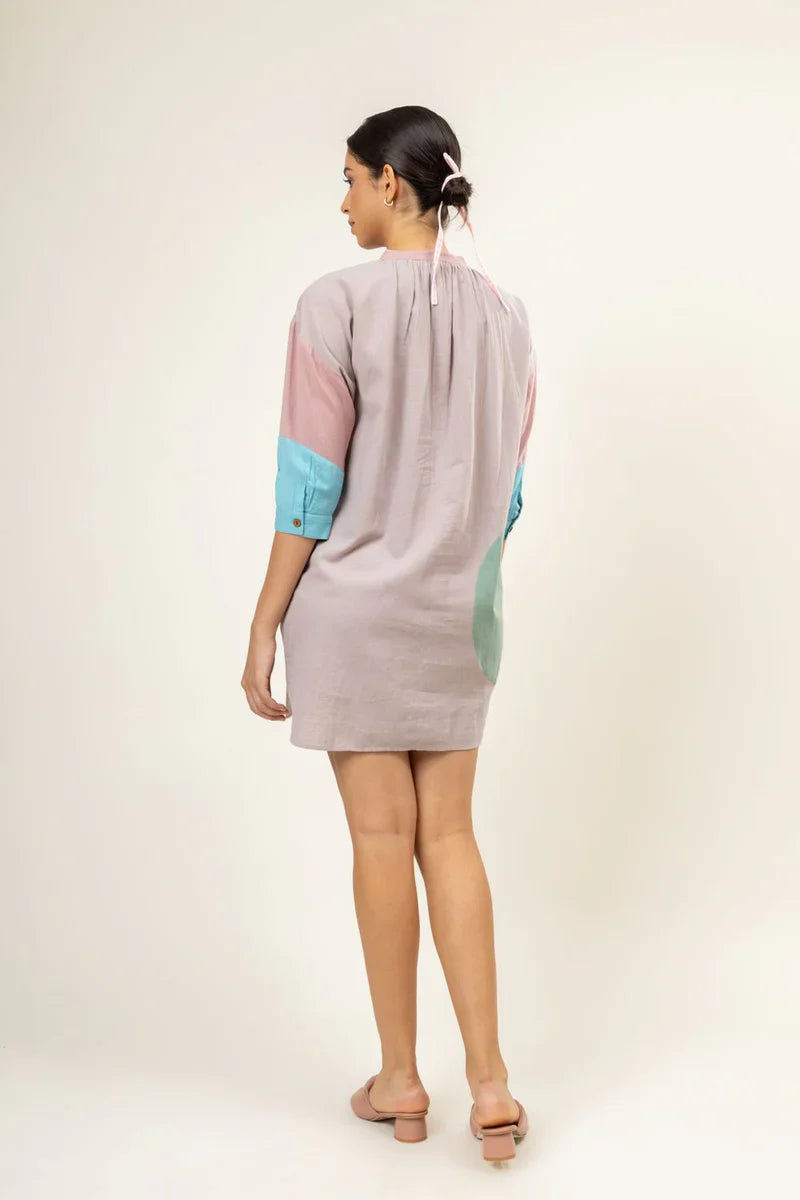 Premium multicolor button-down shirt dress with upcycled cotton panels, loose comfortable fit, gathered neck, inseam pocket by Bethikal at brixbailey.com