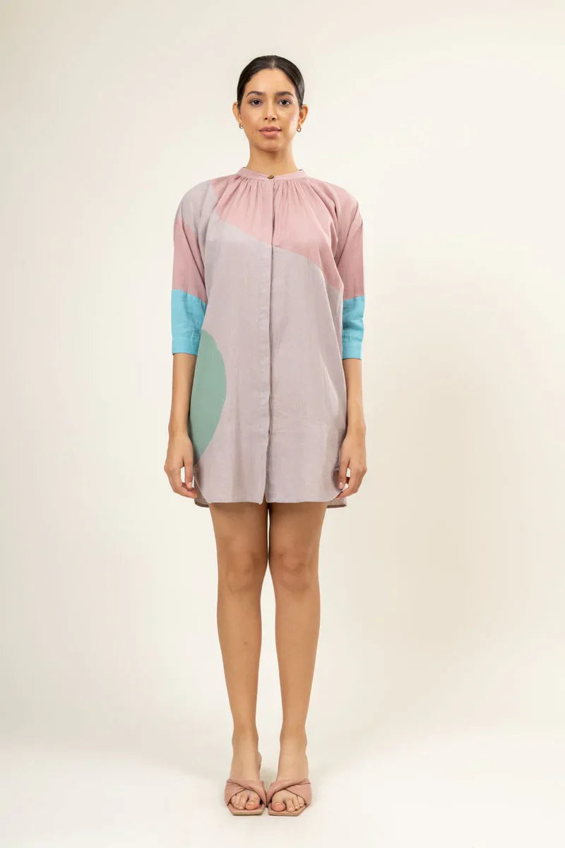 Luxury upcycled cotton button-down shirt dress with panels, loose comfortable fit, multicolor, stylish tunic design by Bethikal at brixbailey.com