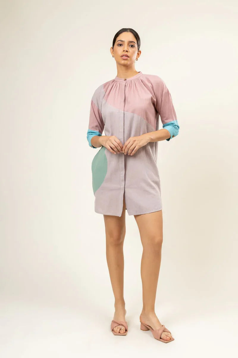 Luxury multicolor button-down shirt dress with panels, upcycled cotton slub fabric, loose comfortable fit, stylish tunic length by Bethikal at brixbailey.com