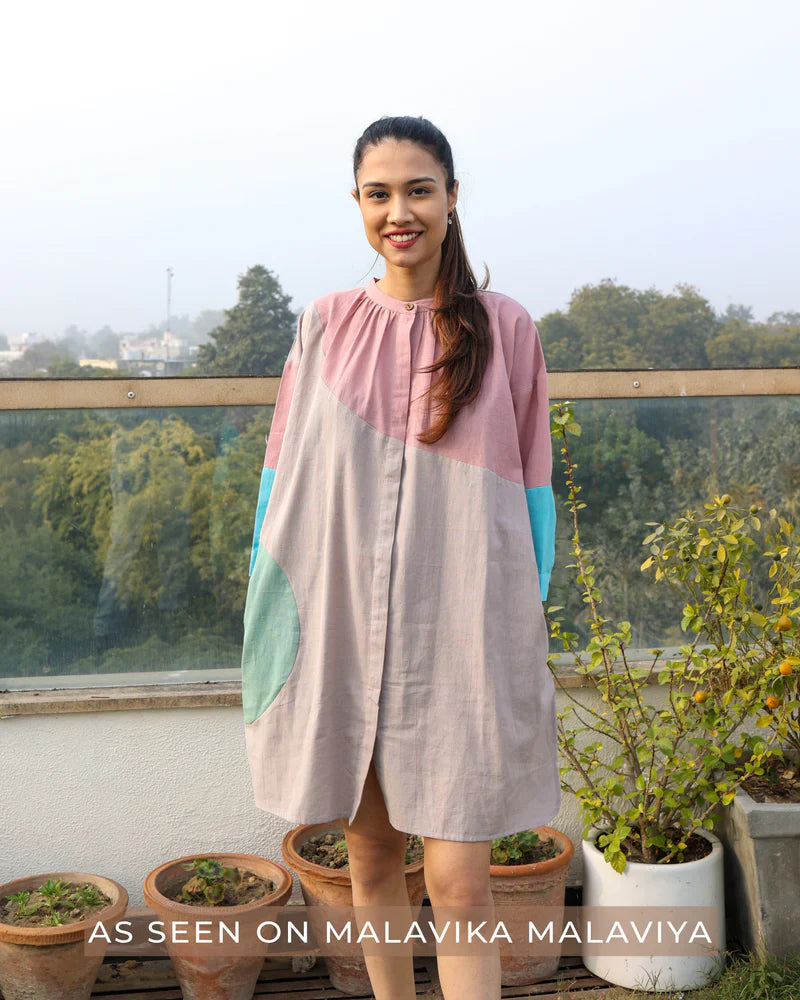 Premium multicolor upcycled cotton button-down shirt dress, loose comfortable fit, gathered neck, inseam pocket, stylish tunic length by Bethikal at brixbailey.com