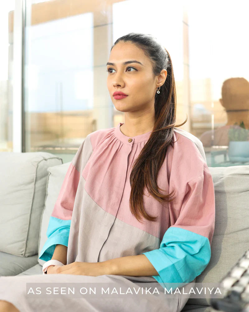 Luxury multicolor upcycled cotton button-down shirt dress with side pockets, loose comfortable fit, stylish gathered neckline, 38-inch length by Bethikal at brixbailey.com