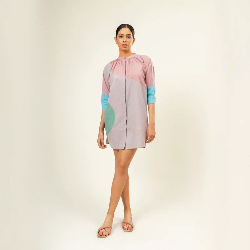 Luxury multicolor upcycled cotton button-down shirt dress with panels, loose comfortable fit, gathered neck, side pocket by Bethikal at brixbailey.com