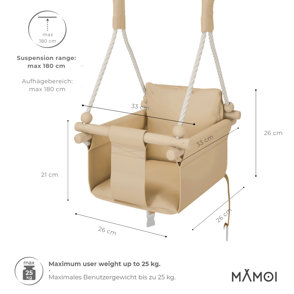 MAMOI® Indoor Children's Swing with Safety Belts, Soft Seat with Cushion, Wooden Handles, Ceiling Mount, 100% ECO, Made in EU-1