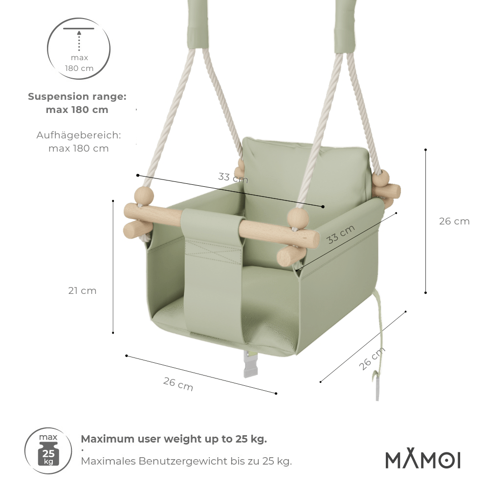 MAMOI® Indoor Children's Swing with Safety Belts, Soft Seat with Cushion, Wooden Handles, Ceiling Mount, 100% ECO, Made in EU-1