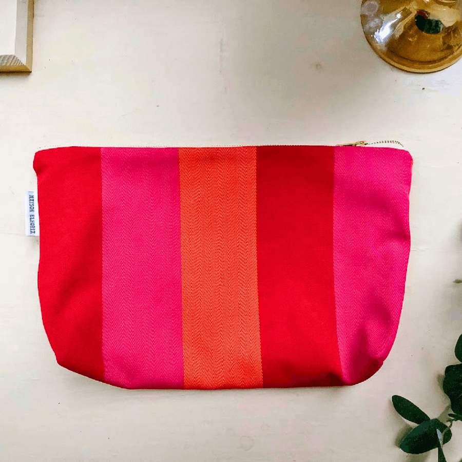 Premium Red Orange Pink Large Zip Toiletry Bag, British-Woven Organic Cotton, Waterproof Lining, Durable Recycled Yarn by Maison Elhoria at brixbailey.com