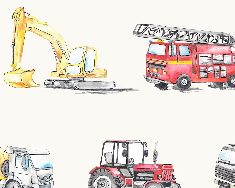Watercolour Vehicles Wallpaper | Diggers, Fire Engines &amp; Trucks | Kids Bedroom &amp; Nursery