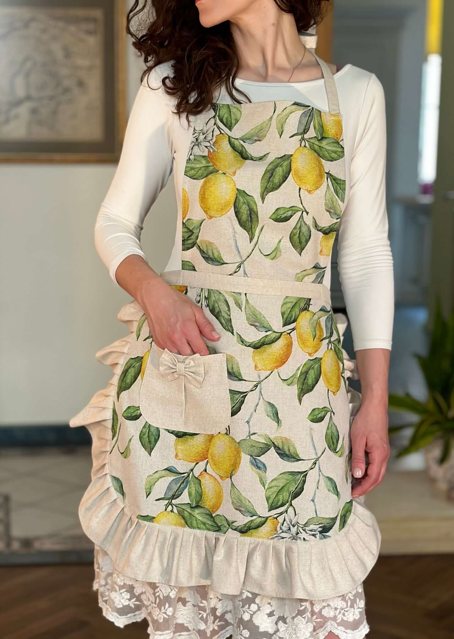 Frilled Lemon Linen Apron with Pocket
