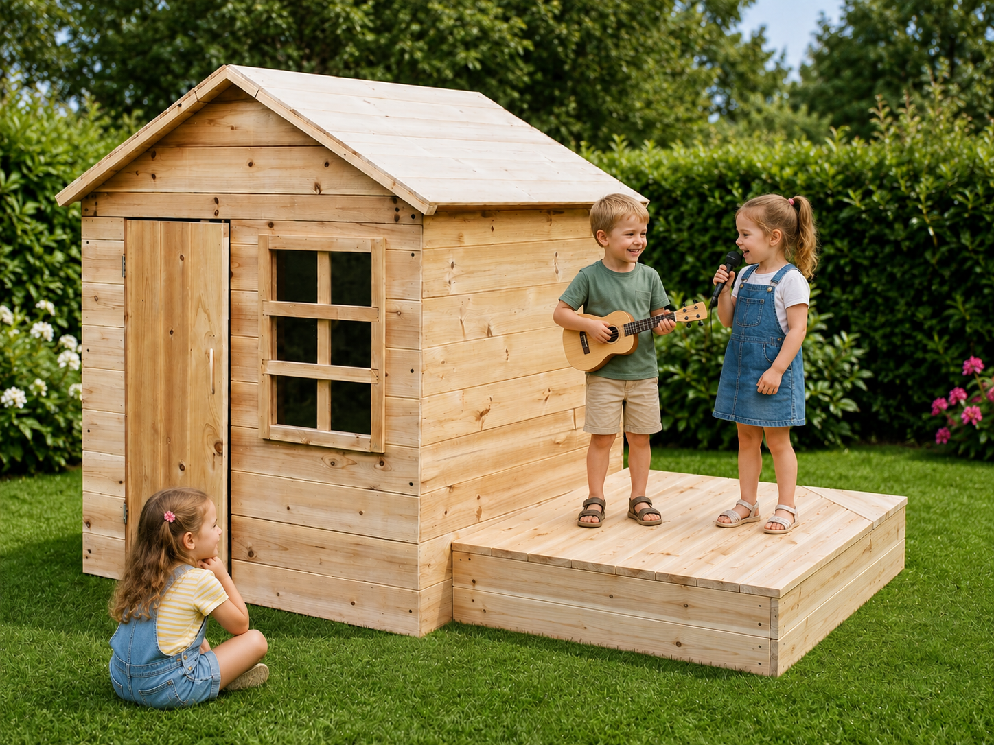 Wooden sandpit with lid - Outdoor stage &amp; playhouse patio