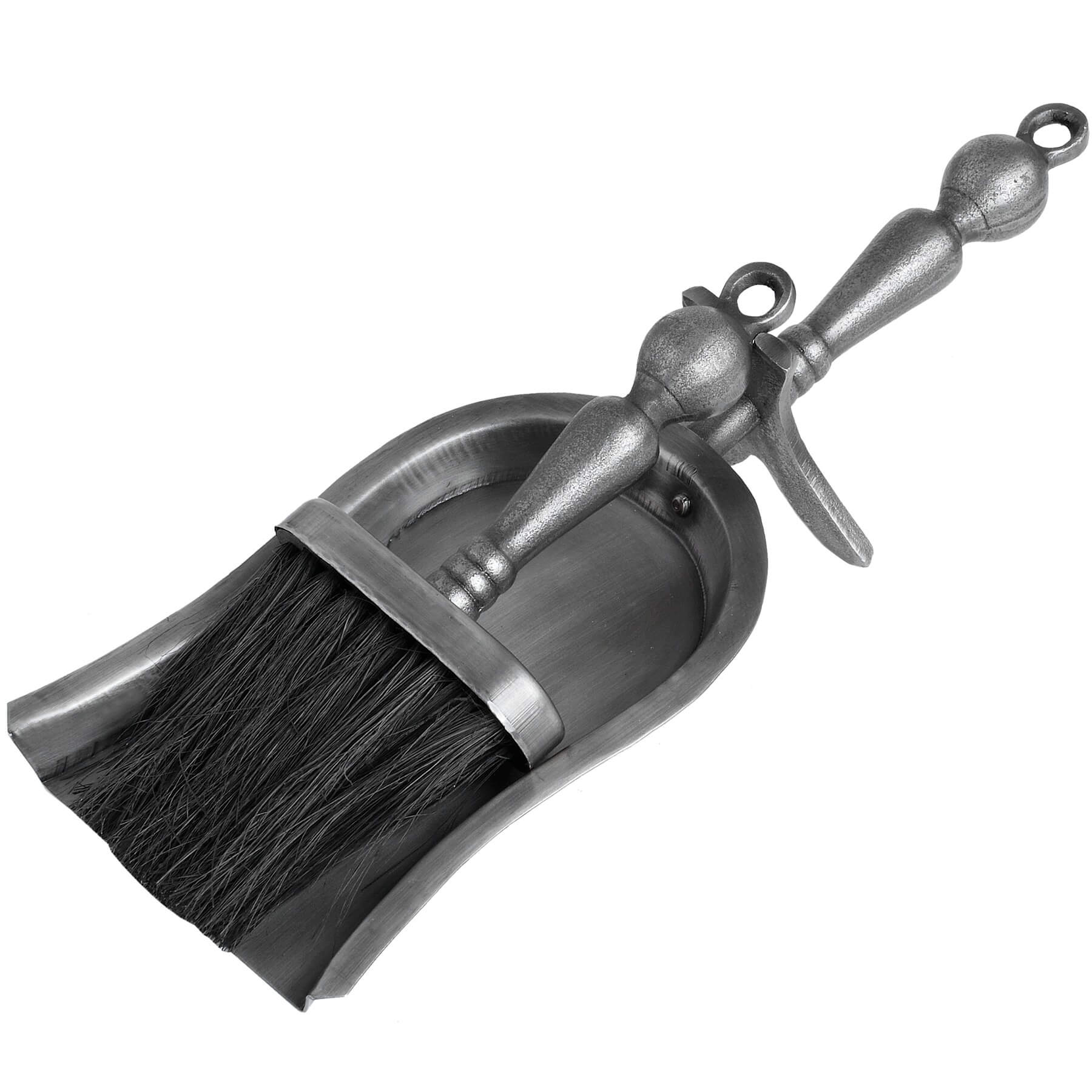Antique pewter hearth set with matching brush and shovel, steel construction in rich silver tone for fireplace maintenance. by sostter at brixbailey.com