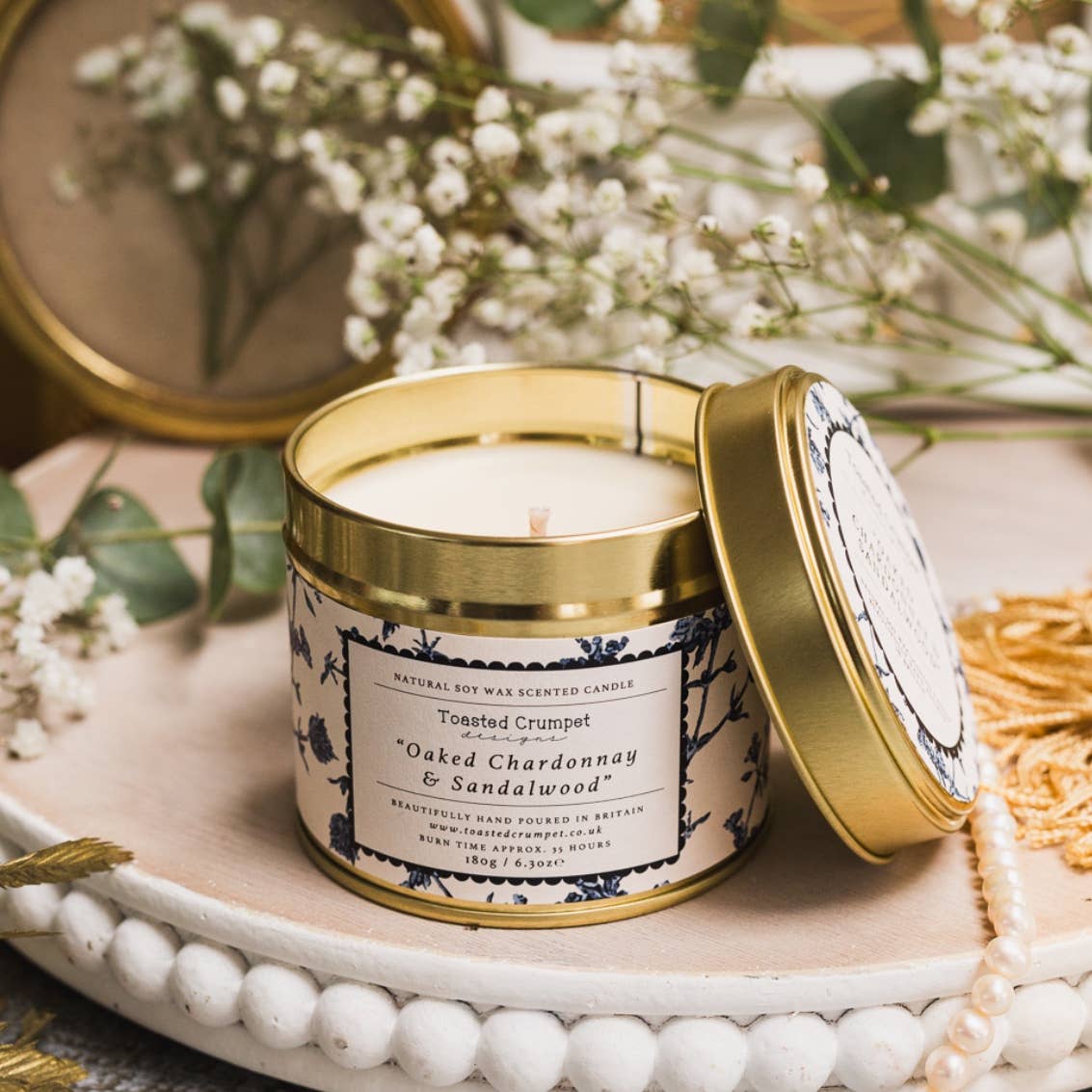 Oaked Chardonnay &amp; Sandalwood Candle in a Matt Gold Tin