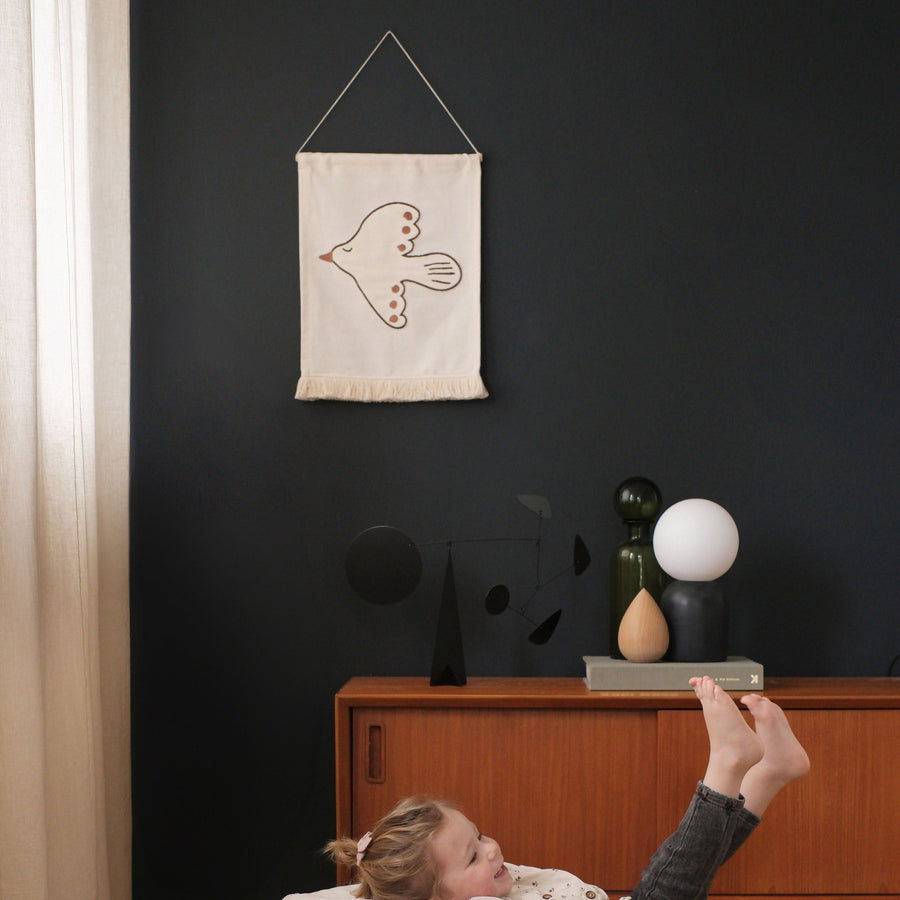 Luxury bird embroidery wall hanging, natural decor for nursery or bedroom, stylish Nobodinoz landscape collection by Ella James at brixbailey.com
