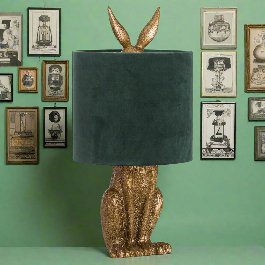Hare Table Lamp with Green Velvet Shade in Antique Gold