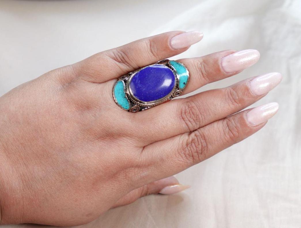 Tibetan Silver Mosaic Ring – Turquoise, Coral, Amber & Lapis