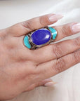 Tibetan Silver Mosaic Ring – Turquoise, Coral, Amber & Lapis